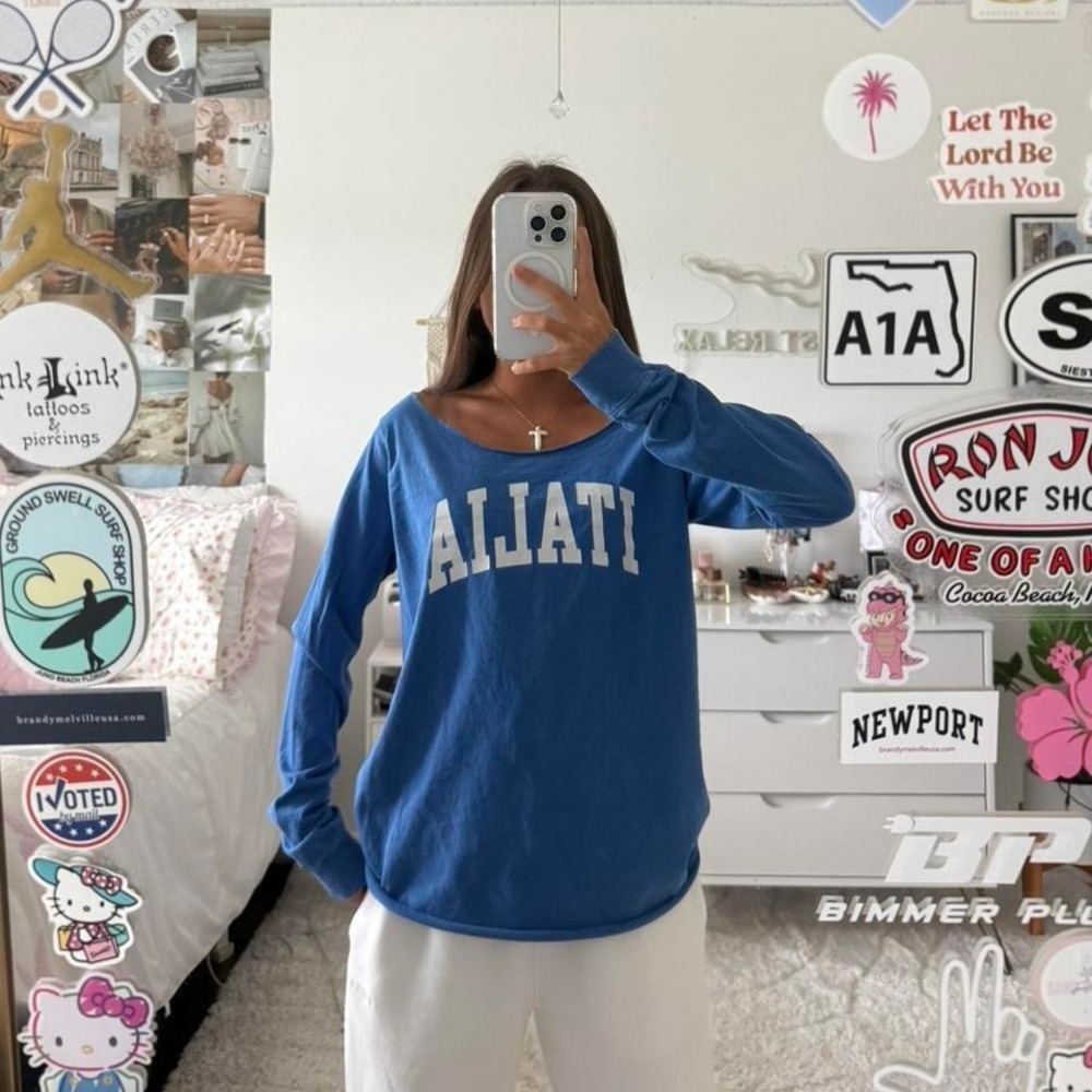 Brandy Melville Electric Blue Italia off the shoulder long sleeve top